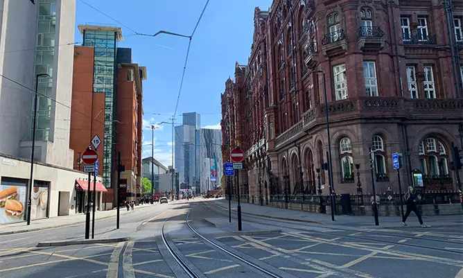A view from St Peter's Square tram stop looking towards Deansgate