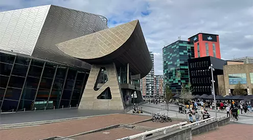 The Lowry theatre at Salford Quays in Manchester during a sunny day
