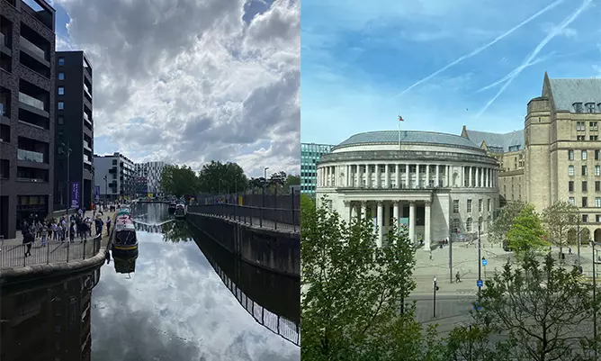 Two pictures of manchester. The left hand side shows the river Irwell and the right hand picture shows Central Library in St Peter's Square
