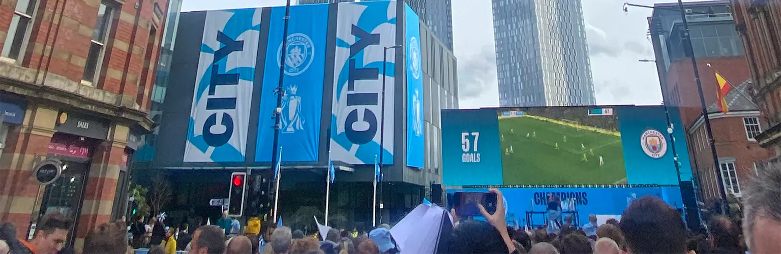 The Manchester City Premier League title celebrations in 2022 showing the presentation stage which was located on Deansgate