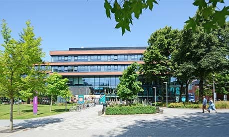 University Green at Alliance Manchester Business School in the sunshine