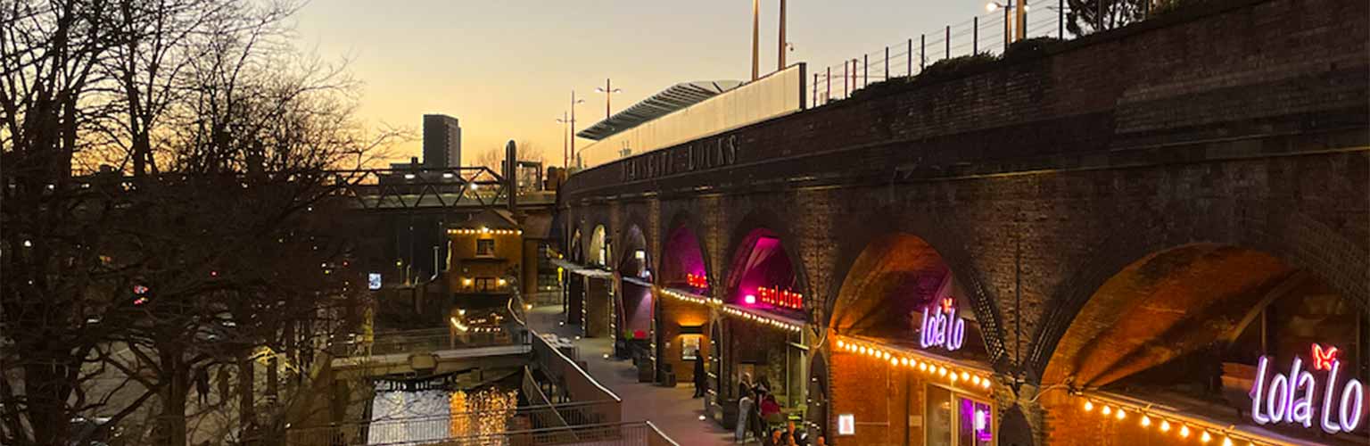 A photo of Deansgate locks at sunset