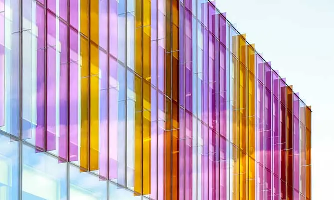 Multi-coloured glass fins above the entrance to the Alliance MBS building