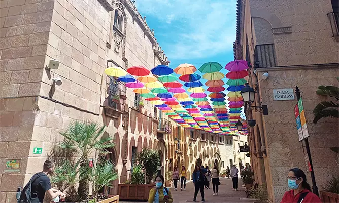A street with umbrellas in Barcelona