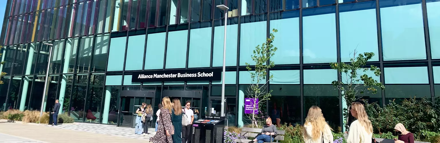 The Alliance Manchester Business School building in the sunshine