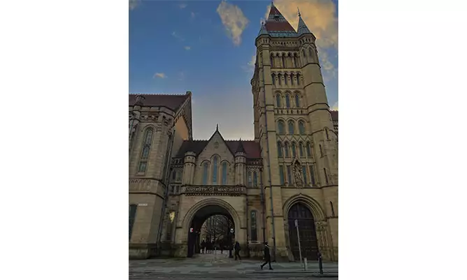 The University of Manchester arch in the sunset