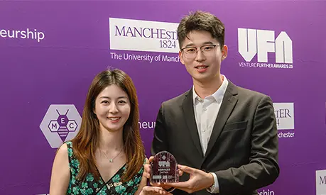 Raymond Xiang Zheng and Fancy Fan, entrepreneurs and students from the Manchester Full-time MBA, at the 2025 Venture Further Awards.