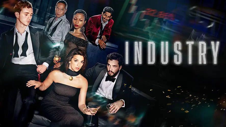 A promotional image for the TV show, Industry with six of the main characters posing.