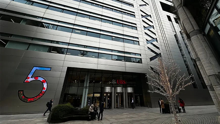 The entrance to the UBS office building.