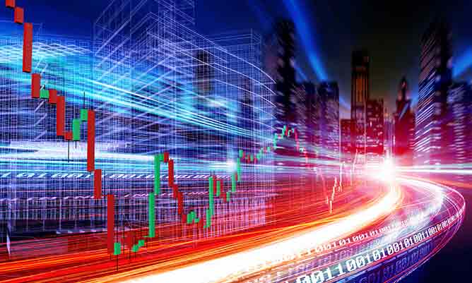 city with graphic of stock market