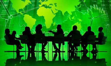 business discussion on green background showing a map
