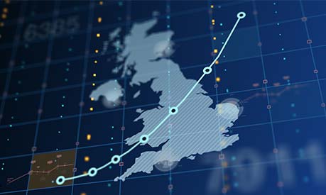 map of the uk with an upward trending graph overlaid