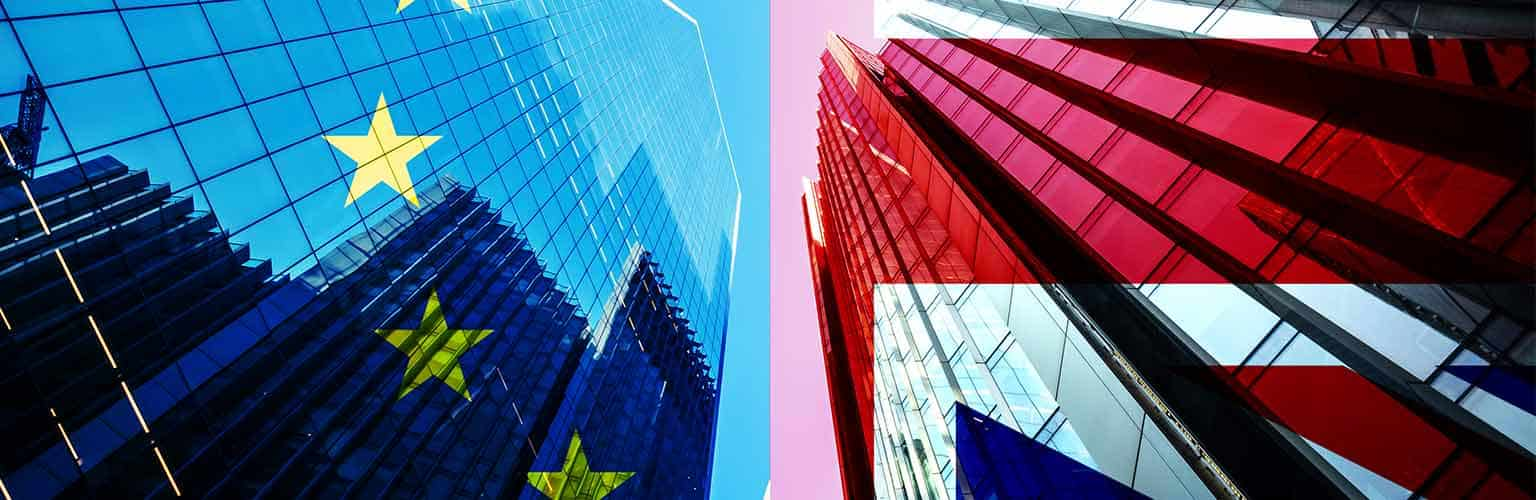 eu and uk flags on projected on city buildings