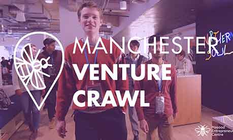 A group of students walking down a corridor with the Venture Crawl logo overlaid on top