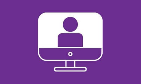 webinar icon of monitor with person outline in screen and purple background