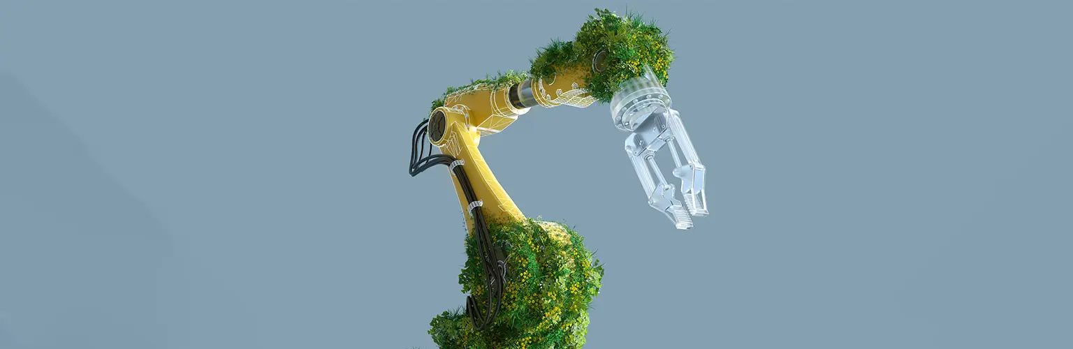 machinery with leaves growing over it to symbolise sustainability