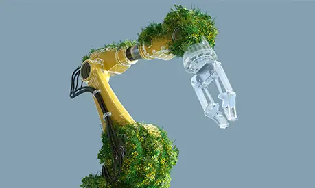 a machine with leaves growing around it to symbolise sustainability