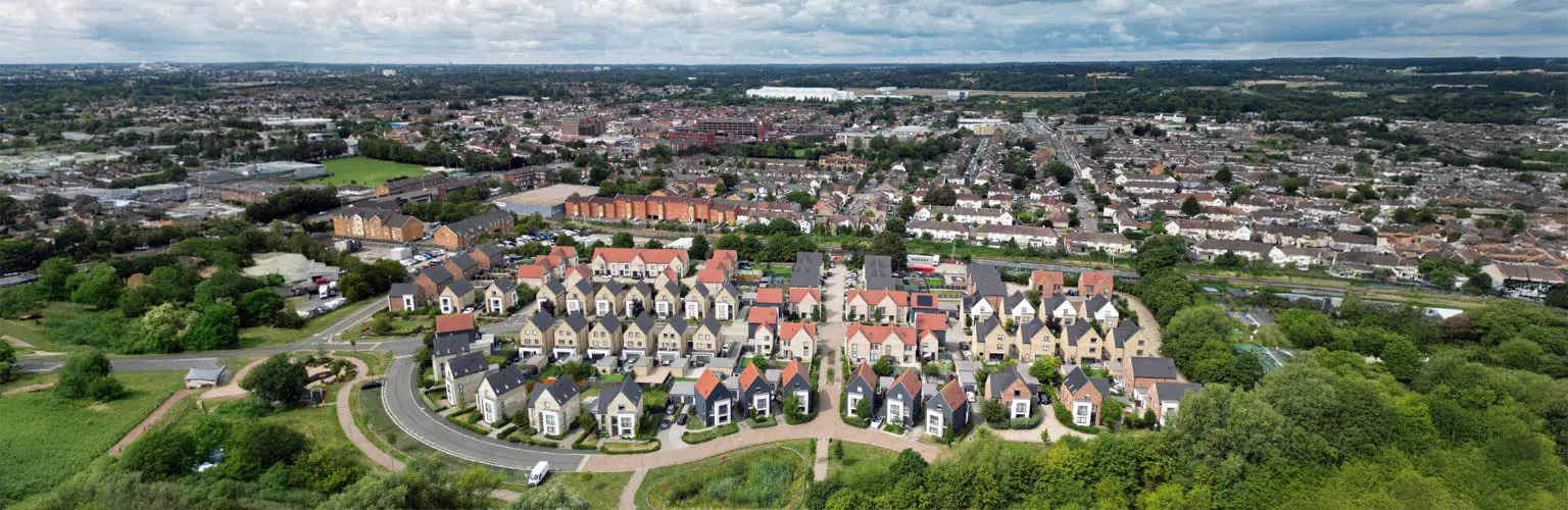 Aerial view of a modern housing development in Waltham Cross, Hertfordshire, UK