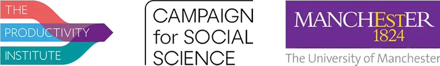 Logos for The University of Manchester, The Productivity Institute and Campaign for Social Science