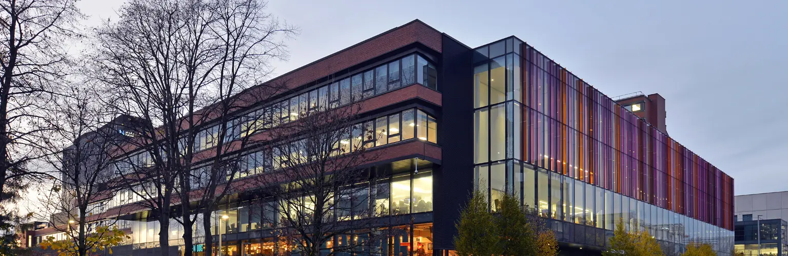 Exterior view of Alliance Manchester Business School on Oxford Road, Manchester.