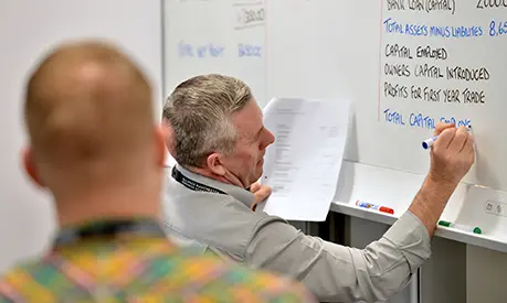 Two professionals writing down notes on a whiteboard in a classroom setting