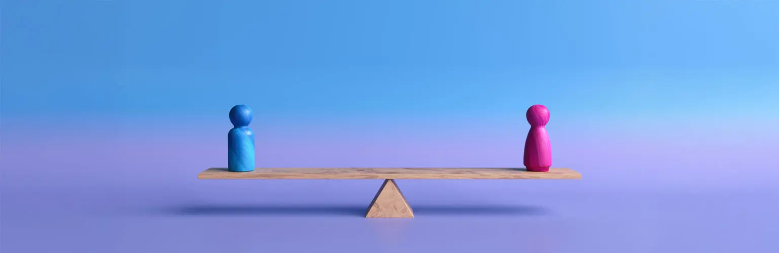 A blue and a pink figure create a perfect balance on a wooden seesaw against an intense purple background, highlighting the concept of gender equality.