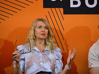 Kerris Bright speaking on stage at the Festival of Business.