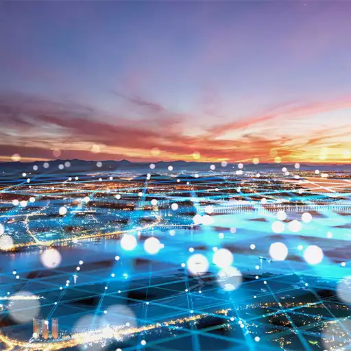 A network of electronic lines above a city