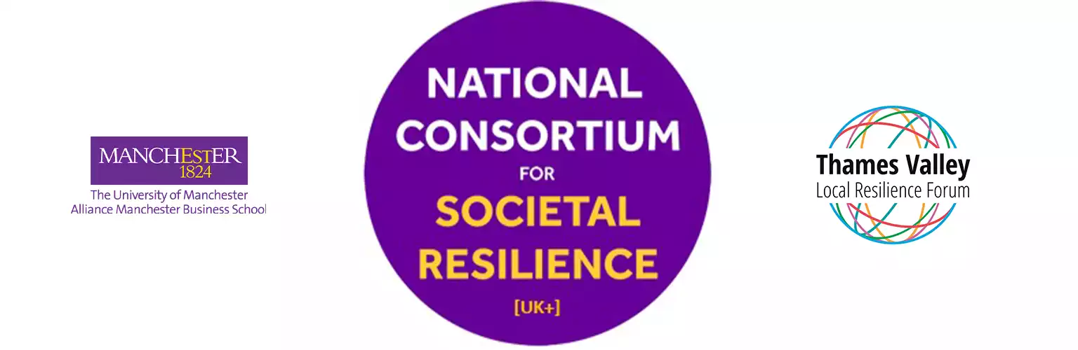 Three logos. From left to right they include: Alliance Manchester Business School, the National Consortium for Societal Resilience (UK+) and Thames Valley Local Resilience Forum