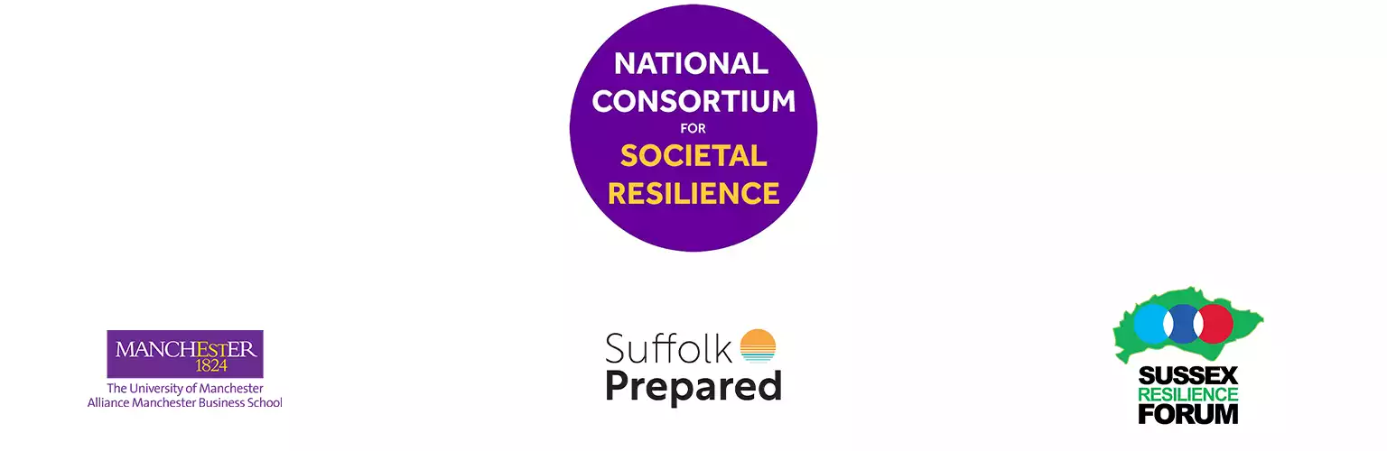 The National Consortium for Societal Resilience logo, the Alliance Manchester Business School logo, Suffolk Prepared logo and the Sussex Resilience Forum logo