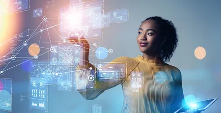 A black woman clicking on abstract artificial icons.