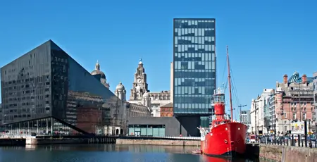 A view across the waterfront and Liverpool city skyline