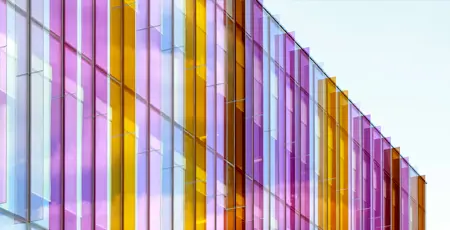 The coloured fins of the Alliance Manchester Business School building.