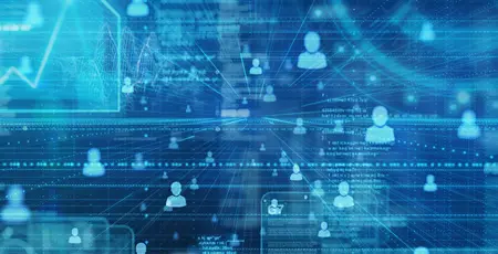 People and information data on a digital space background.