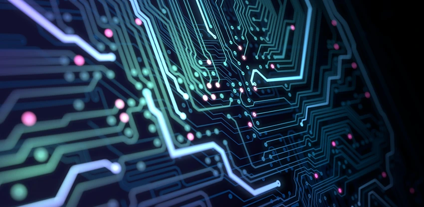 Circuit board with running data by a glowing lines.