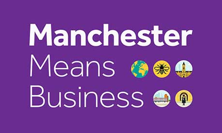 Manchester Means Business text with icons