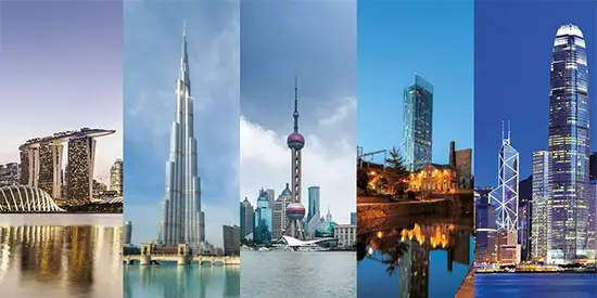 A collage of the Manchester, Shanghai, Dubai, Hong Kong and Singapore city skylines