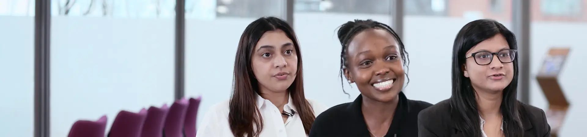 Composite portrait of Manchester Full-time MBA candidates Riya Malik, Gloria Cherono and Rhythm Sanghi speaking about their experiences as women in business and support from AMBS.