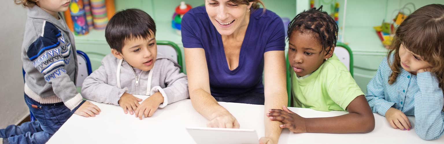 a teacher narrating a story on a tablet