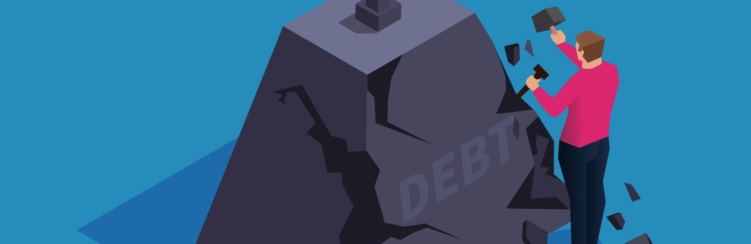 A graphic showing someone chiselling away at the weight of debt.