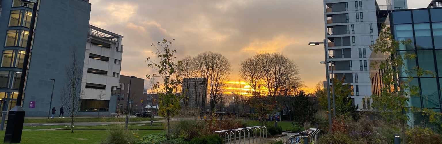 The executive education building at alliance manchester business school at sunset