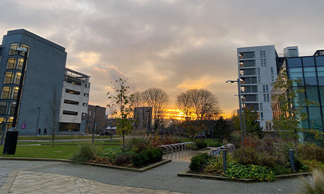 The executive education building at alliance manchester business school at sunset
