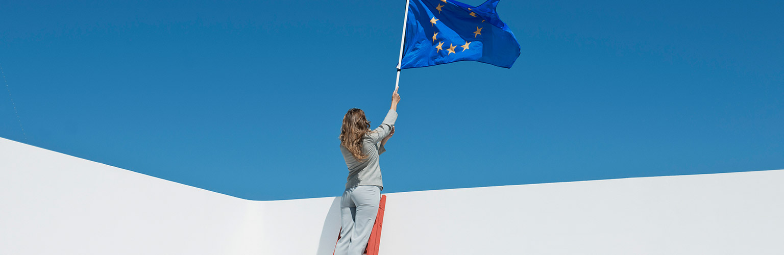 Woman standing on a ladder waving a European Union flag