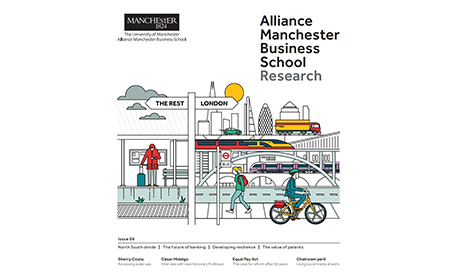 cover illustration of issue 6 of Alliance Manchester Business School's research magazine showing the inequality between London and the rest of the UK