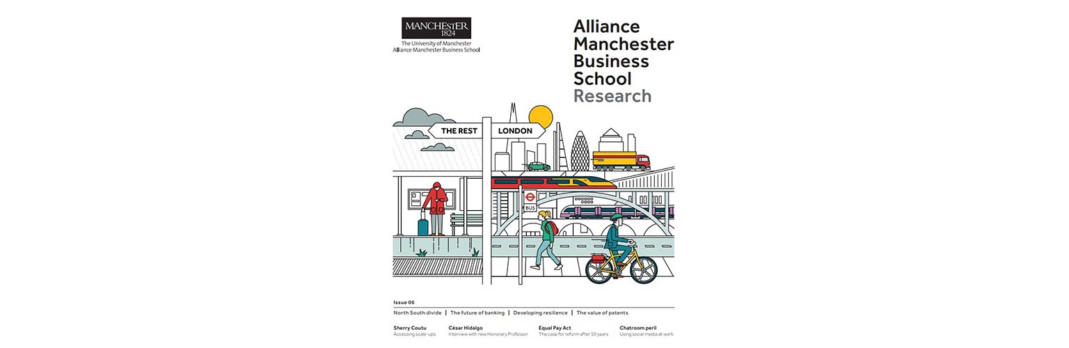 cover illustration of issue 6 of Alliance Manchester Business School's research magazine showing the inequality between London and the rest of the UK