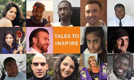 Orange square containing the words 'Tales To Inspire' surrounded by people's faces