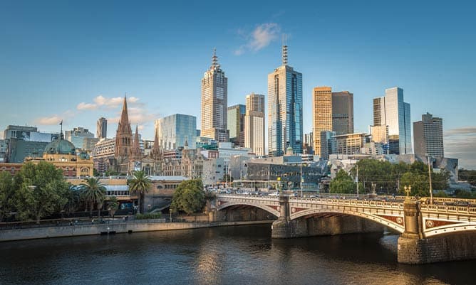 A cityscape of Melbourne in the day time with with a blue sky and in the sunshine