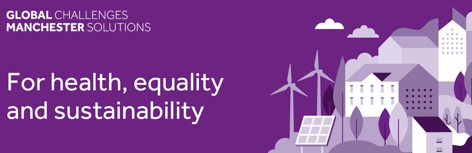 A graphic showing wind turbines with text saying: 'Global challenges. Manchester Solutions. For health-equality and sustainability.'