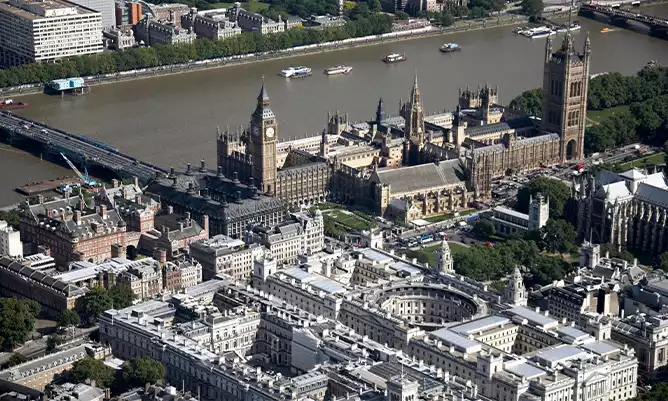 An aerial view of the Houses of Parliament and HM treasury