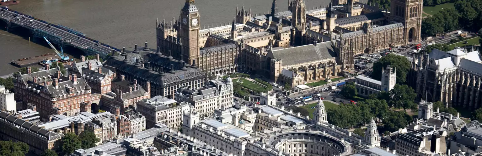An aerial view of the Houses of Parliament and HM treasury